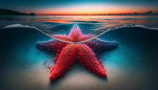 Prompt: The image showcases a vibrant starfish, half-submerged at the edge of a serene beach. Its texture appears to be disintegrating into a myriad of particles towards its lower end. Above, the surface of the water bends in an arc, revealing a glimpse of the horizon at dusk with a few distant silhouettes.