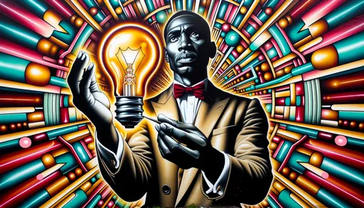 Prompt: Wide painting portraying a black man holding a glowing light bulb, with the intricate spray paint art style creating an illusionary effect. The backdrop is vibrant with deco-pop elements, focusing on the joints and connections of the subject.