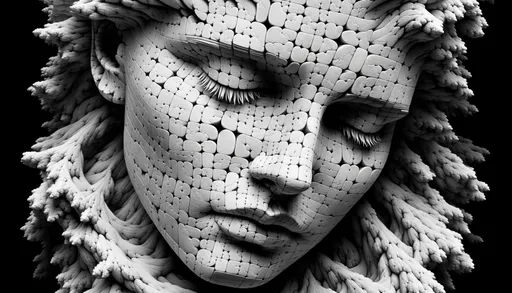 Prompt: Wide image of a 3D-reconstructed woman's face using fractal techniques. The portrayal is steeped in the essence of melancholic symbolism. The face resembles cracked stone sculptures, assembled from puzzle-like segments. The artwork conveys humanistic empathy in a stark black and white palette, with elements appearing slumped or draped.