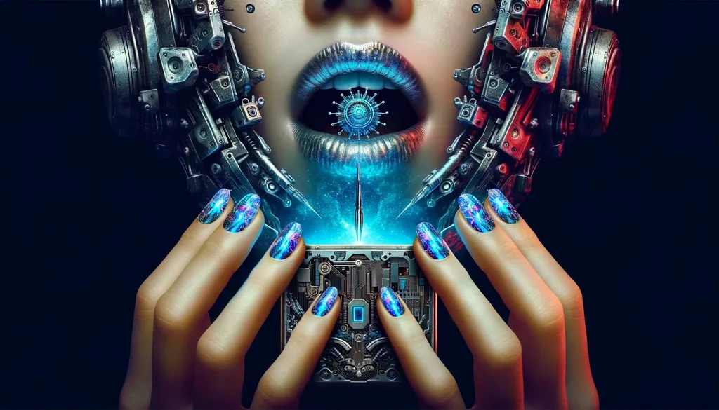 Prompt: A raw photo that dives into another dimension of realism, where the lips narrate tales of distant worlds, and the device seems to be an artifact of transcendent tech. The hands, with nails that shimmer with holographic art, clutch the device that emits a captivating blue luminescence.