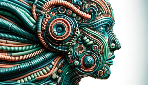 Prompt: The image showcases a vibrant mechanized profile of a humanoid face, intricately crafted with coiled tubes and metal components in varying shades of teal and rust. The layered pipes and swirls seamlessly merge, suggesting both flow and form.