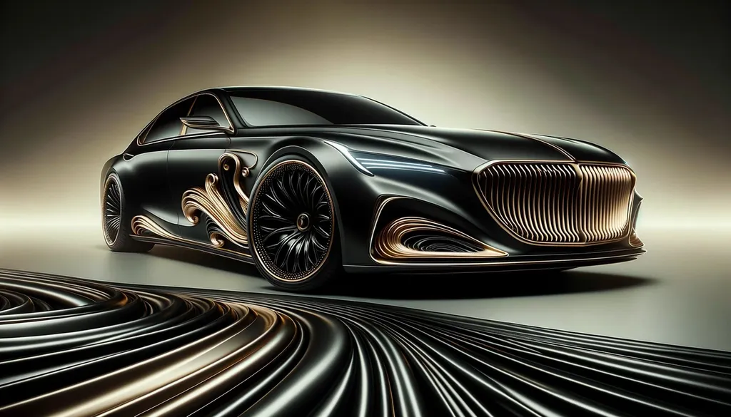 Prompt: Wide image showcasing a luxurious black automobile characterized by its flowing contours and smooth design. Elaborate golden accents enhance the car, highlighting areas like the impressive front grille and the detailed wheel designs. This masterpiece is set against a subdued gradient backdrop, emphasizing its elegance and style.