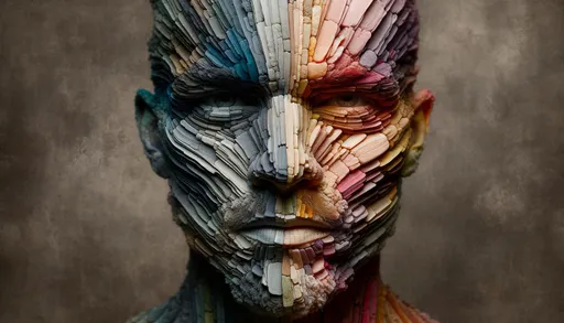 Prompt: Raw photo capturing the raw essence of a multicolored segmented human face with distinct shades and textures in wide format