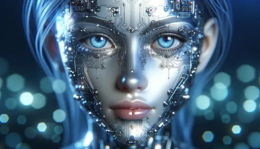 Prompt: The image presents a close-up of a highly detailed female android's face, illuminated in a soft blue hue. Intricate circuitry and metallic components form her features, with captivating, almost human-like eyes and shimmering metallic lips. in wide ratio