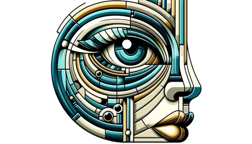 Prompt: Illustration of a stylized woman's face, where the eye becomes the central focus. It's encircled by metallic strips in shades of gold and azure. The design incorporates detailed features and is fragmented in a cubist manner, showcasing mechanized precision.
