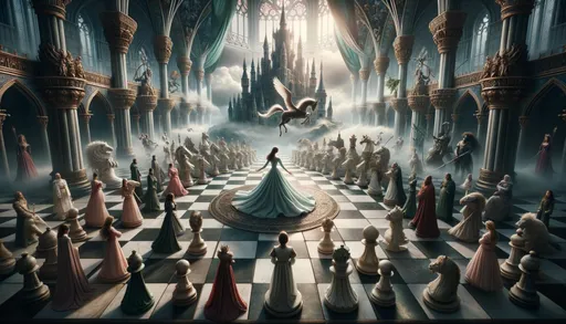 Prompt: Weave a narrative of a kingdom where power and strategy are determined on a colossal chessboard, and a young queen must make her move to secure her reign.