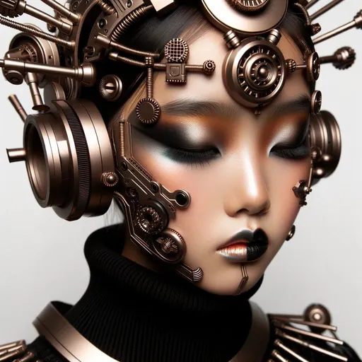 Prompt: jinxian girl wears futuristic fashion makeup with head gear, robotics kids, light bronze and dark black, aztec art, realistic color palette, high quality photo