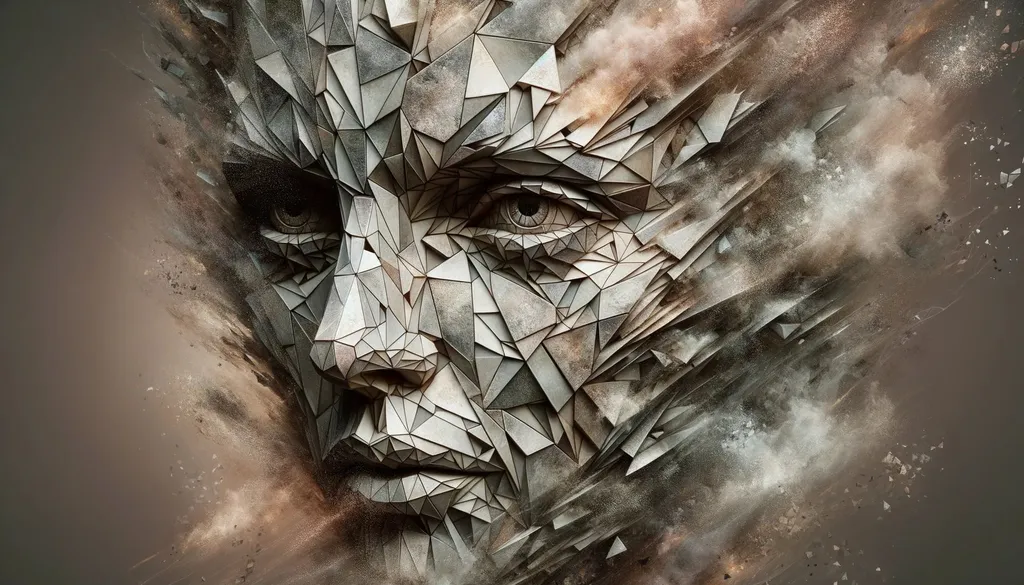 Prompt: The image displays a face, intricately fragmented into geometric shards, resembling a shattered sculpture. Muted earthy tones blend with metallic hues, while wisps of smoke and dust waft around. The eyes, piercing and detailed, seem to be the focal point amidst the chaotic breaks.