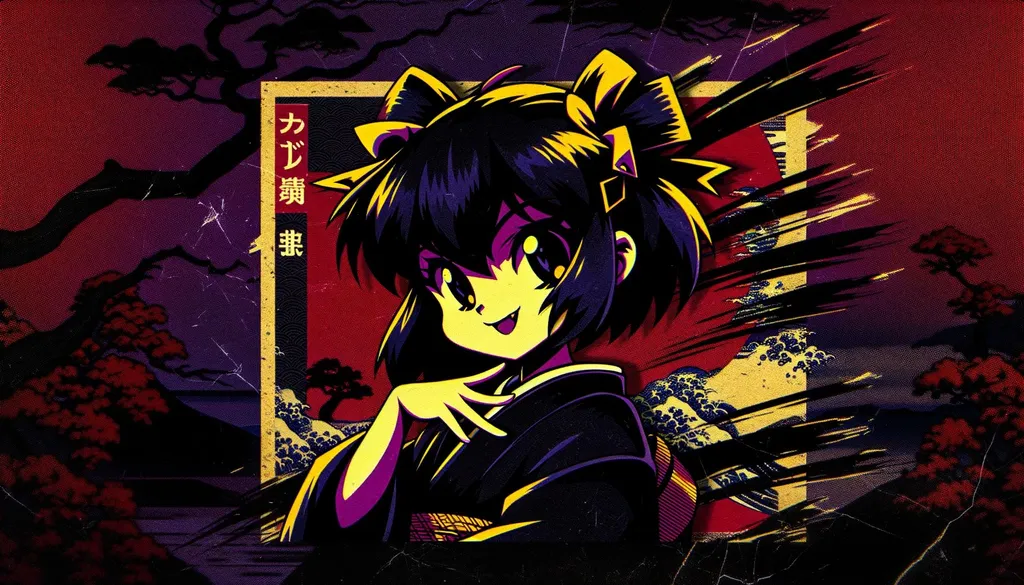 Prompt: an anime cartoon girl posing, in the style of Toonami, with a hard edge aesthetic. The colors are predominantly dark black and yellow, inspired by Japanese prints. The background features dark purple and red hues with jagged edges, giving a sense of untrained artistic expression. This image should have the appearance of a raw photo, adding a sense of realism and texture as if captured by a camera, in a wide ratio.