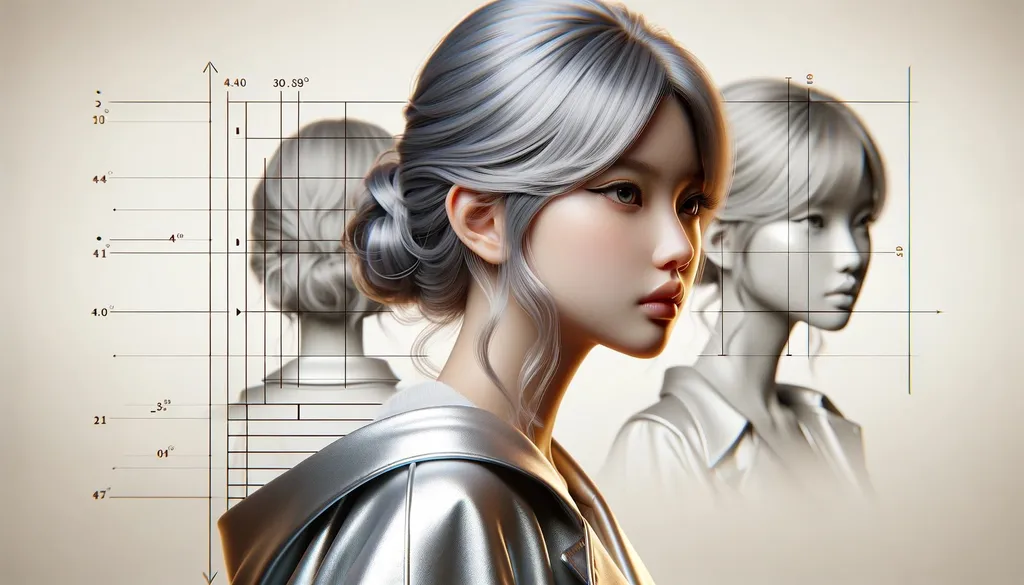 Prompt: Create a high-end fashion 3D render showcasing a side view of a girl with a silver tint. The composition should be in wide ratio, emphasizing the elegance and style of the fashion subject.