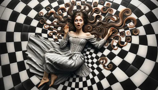 Prompt: Craft an artistic macro photo of the woman in a vintage dress, laying atop a swirling checkerboard pattern. Her long hair should flow wildly around her, with her eyes widened in shock or surprise. Use creative angles and lighting to highlight the fine details and textures, adding an artistic touch to the macro photography style.