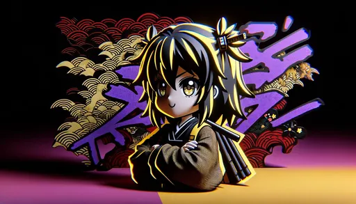 Prompt:  an anime cartoon girl posing, in the style of Toonami, with a hard edge aesthetic. The colors are predominantly dark black and yellow, inspired by Japanese prints. The background features dark purple and red hues with jagged edges, giving a sense of untrained artistic expression. This image should have a 3D render appearance, adding depth and realism to the anime character and background, in a wide ratio.