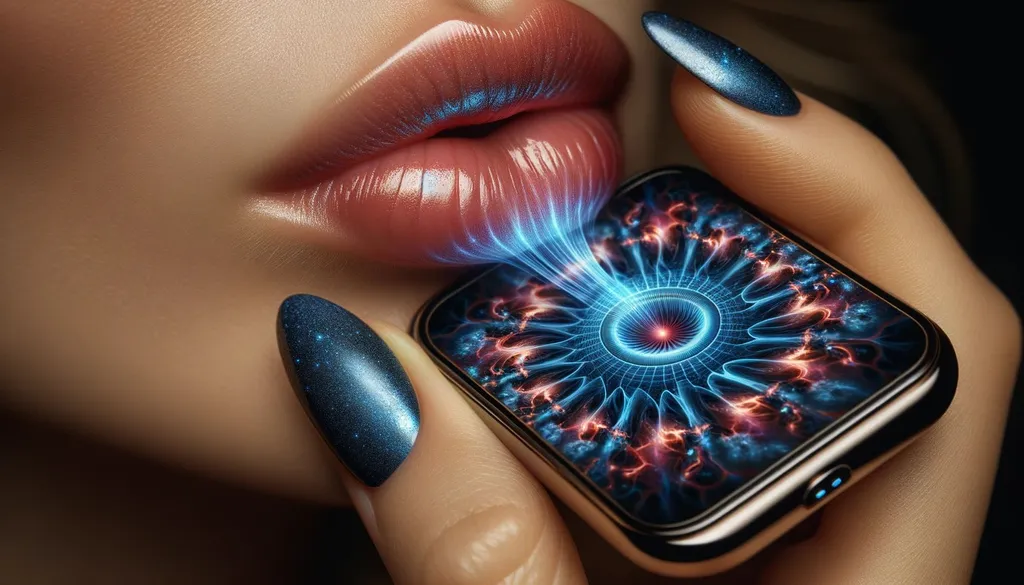 Prompt: A macro photo that magnifies beyond the surface, presenting the lips as a canvas of emotions and the device as a marvel of future engineering. The nails, looking like they're crafted from precious cosmic materials, complement the device that pulsates with deep blue energies and moving patterns.