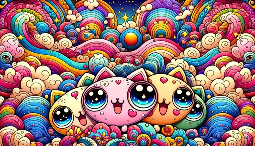 Prompt: Create an artwork with whimsical characters featuring shiny eyes, against a background of detailed skies, embodying kawaii pop art. The art should include multi-layered color fields and psychedelic elements, filling the entire canvas to the edges without any borders, offering a vibrant, joyful, and whimsical full-frame composition in a wide ratio.