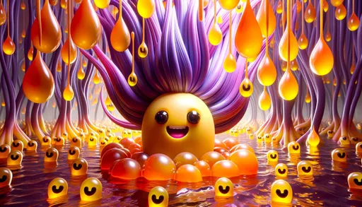 Prompt: 3D depiction of a vibrant scene where a cheerful entity with cascading purple locks is positioned amongst radiant amber pods afloat on water. Shadowy beings with illuminated eyes lurk in the backdrop, creating a mysterious aura.