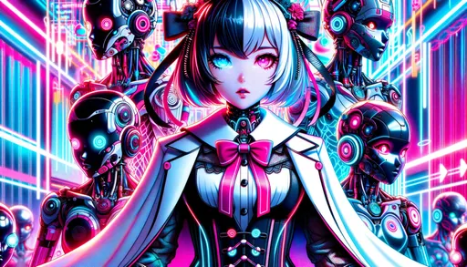 Prompt: 8k resolution wide image set in a colorful futurist cyberpunk manga world. An artificial girl in a black and white ensemble is accentuated by neon hues, predominantly light blue and crimson. In the background, robotics kids with distinctive facial exaggerations bring life to the narrative.