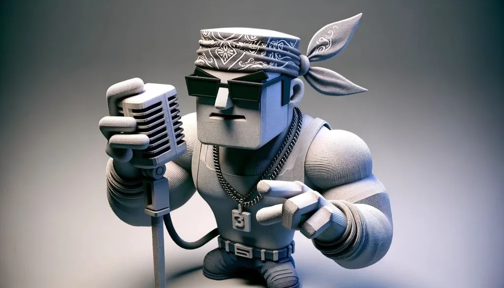 Prompt: 3D visualization of a cartoonish male figure donning a bandana and gripping a microphone. The artistry mimics the grainy textures of PS1 game graphics. Elements in the scene are blurred with a crystalcore touch, and the perspective is intriguingly warped, crafting a harmonious yet distinctive ambiance.