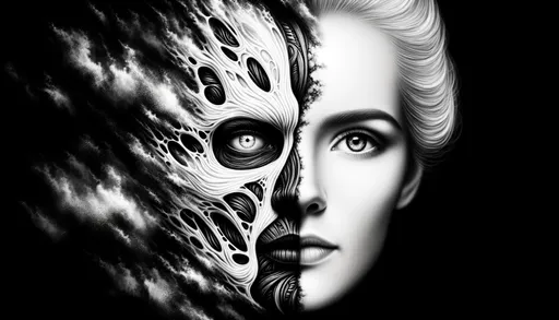 Prompt: Digital airbrushed painting of a woman with a face resembling a metamorphic transition, adorned with black and white stripes and enhanced by stark shadows.