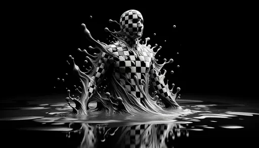 Prompt: A detailed raw photo of a checkerboard entity with a humanoid shape, emerging from a viscous liquid that has the same checkerboard pattern. The scene captures a transformative moment as the entity's form appears to be both solid and fluid, with parts of its body looking like molten checkerboard pieces. The liquid reflects the entity, creating a symmetrical composition. The background is a plain black void that accentuates the stark contrast of the checkerboard pattern, providing a dramatic and immersive effect. The image is sharp and has a hyper-realistic quality, showing intricate textures that suggest movement and life within the static image.