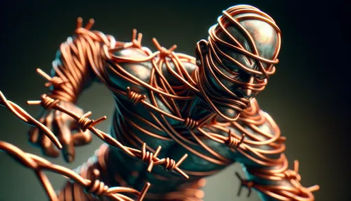 Prompt: macro photography style of a barbwire copper human figurine, with extreme close-up details emphasizing textures, patterns, and the metallic sheen, with a shallow depth of field and a blurred background to focus on the intricacies of the figurine