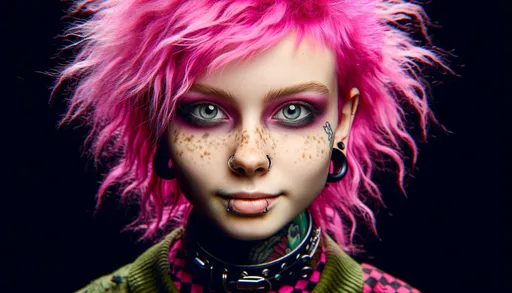 Prompt: macro photo of a punk girl with pink hair in wide ratio