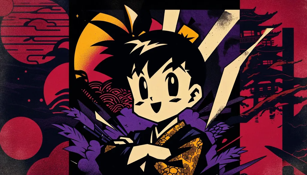 Prompt: an anime cartoon girl posing, in the style of Toonami, with a hard edge aesthetic. The colors are predominantly dark black and yellow, inspired by Japanese prints. The background features dark purple and red hues with jagged edges, giving a sense of untrained artistic expression. This image should have the appearance of a macro photo, focusing on detailed close-up textures and features, enhancing depth and clarity, in a wide ratio.