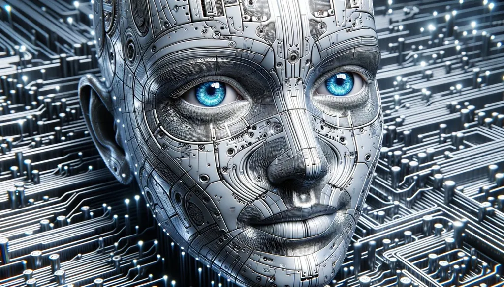 Prompt: In a fully occupied wide frame, a 3D rendered lifelike face, detailed with digital engravings, surfaces amidst a realm of gleaming chrome lines and interconnected circuits. The face's radiant blue eyes shine brilliantly, evoking the union of human sentiment and the digital domain.