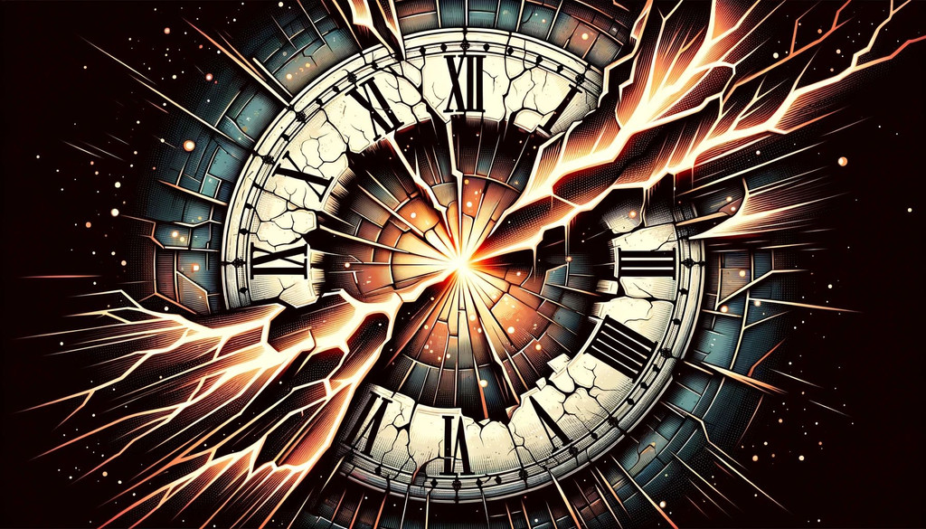 Prompt: Wide vector art of a fractured clock face in a vintage setting, where glowing paint emerges from the cracks, distorting the flow of time.