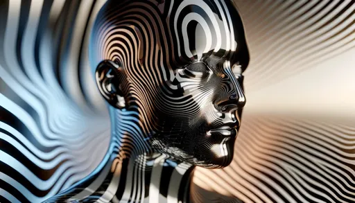 Prompt: A 3D render of a face with a pattern of black and white stripes, reflecting like chrome surfaces. The image exhibits advanced quantum wavetracing techniques for a distinct visual effect. The background fuses a light bronze and dark blue palette, reminiscent of a futuristic multimedia installation. The composition includes a selective focus, highlighting specific features of the face.