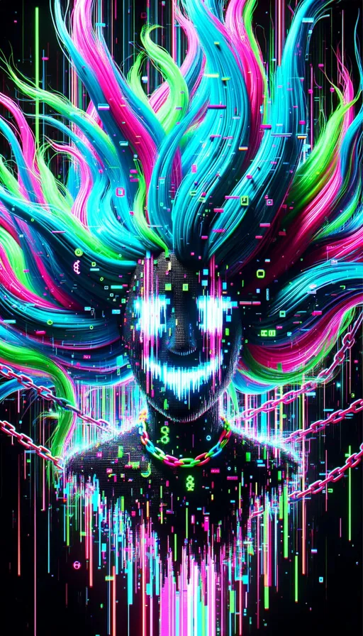 Prompt: A vibrant digital figure emerges from a matrix of neon glitches. Turquoise hair flows from its head, streaked with multicolored electronic disturbances. The entity's face sports a pixelated smile, while its dark silhouette is adorned with bright symbols and chains.