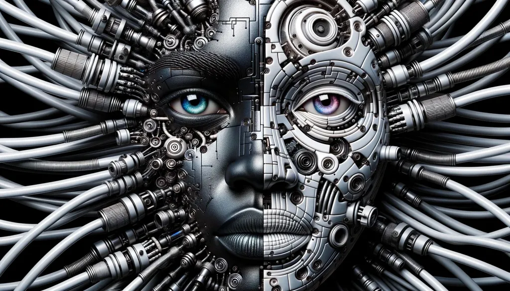 Prompt: Delving deeper into the concept, a captivating face with a blend of African human features and mechanical components surfaces from a maze of gleaming circuits and conduits. The eyes are even more pronounced, with the cool-toned skin juxtaposed against a mix of organic curves and intricate machinery.