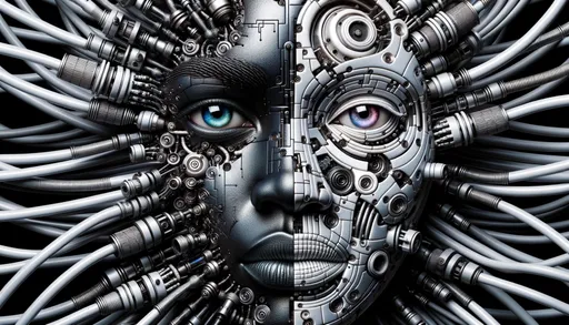 Prompt: Delving deeper into the concept, a captivating face with a blend of African human features and mechanical components surfaces from a maze of gleaming circuits and conduits. The eyes are even more pronounced, with the cool-toned skin juxtaposed against a mix of organic curves and intricate machinery.