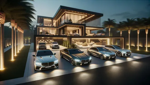 Prompt: A luxurious modern home illuminated by soft golden lights stands as a backdrop to three high-end cars parked in its expansive driveway. The sleek architecture of the house, with large glass windows and contemporary design elements, complements the glossy vehicles. Palm trees add a touch of nature to this opulent setting.