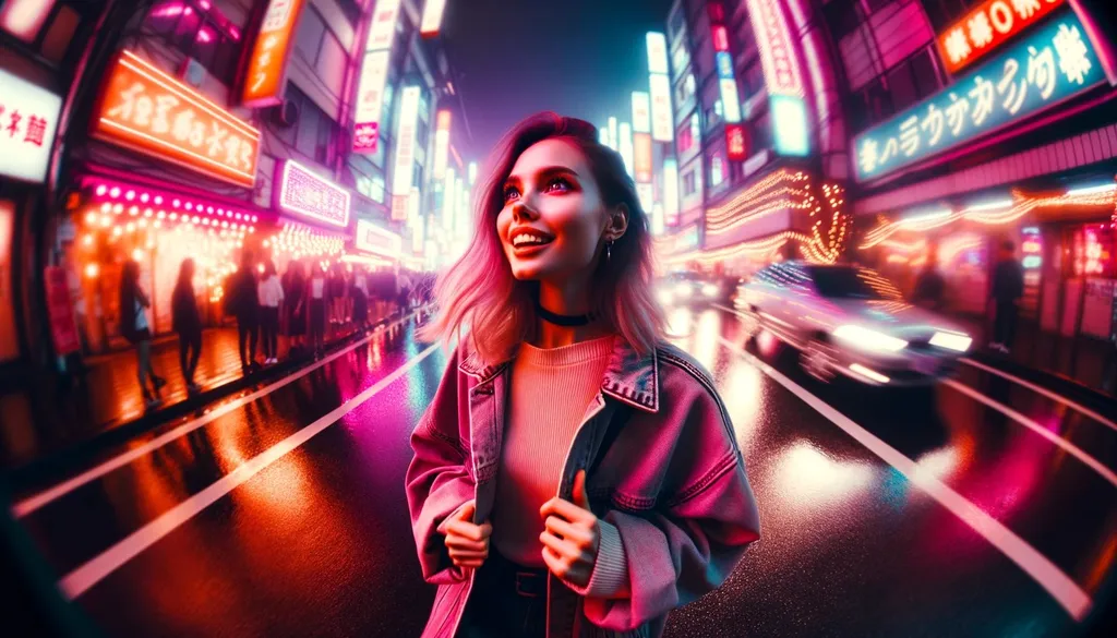 Prompt: Wide image of a young Caucasian girl wandering in a street lit with bright neon lights against a dark backdrop, embodying the light amber and magenta tones, fisheye effects, and the spirit of joyful chaos and psychedelic influences.