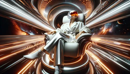 Prompt: Showcase a panoramic view of a fashion-forward woman, her attire hinting at the future. Her white headphones and distinct orange-tinted visor shades stand out as she relaxes in a cutting-edge recliner. The scene is punctuated by fluid designs and radiant glows of amber and chrome, suggesting a setting far ahead in time, perhaps among the stars.