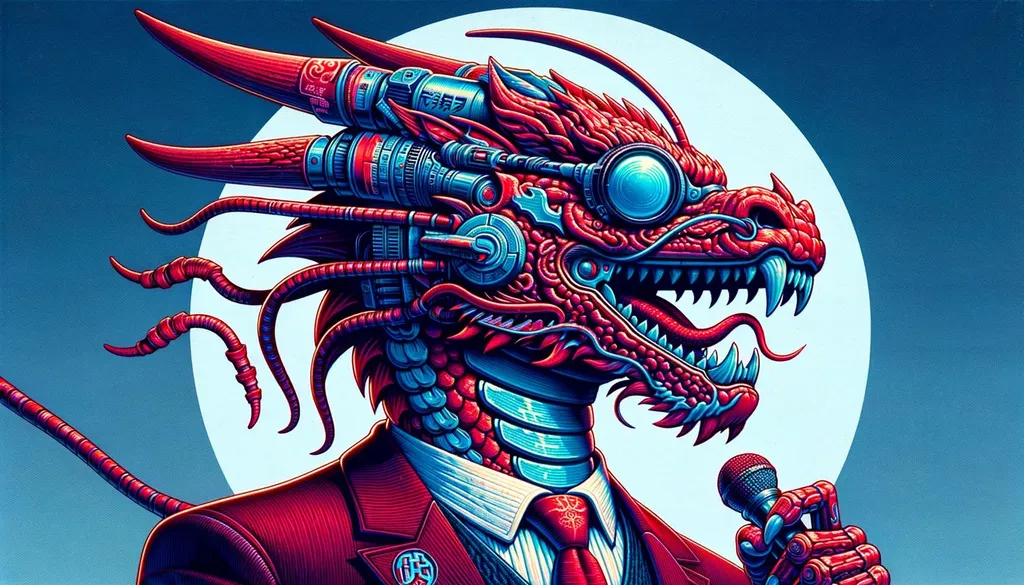 Prompt: A macro photo-style illustration of a dragon person, capturing elements of Japanese art influence, retro-futuristic propaganda, and 19th century American art. The image should feature high-contrast realism, odd juxtapositions, and have crimson and azure tones. It should critique consumer culture and be in a wide ratio, appearing as a close-up, highly detailed macro photograph.