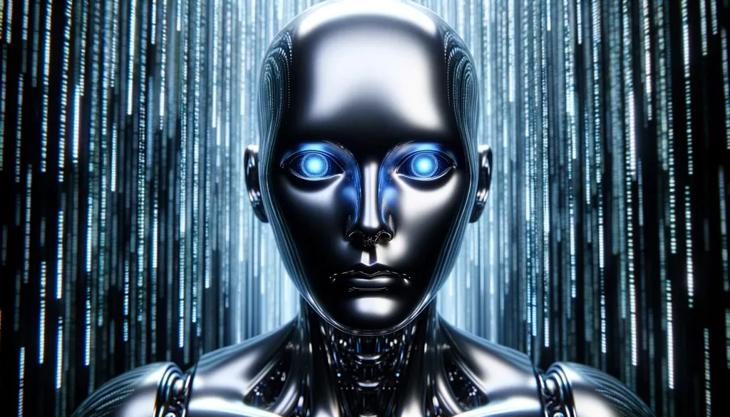 Prompt: A polished, metallic android with a gleaming surface stands illuminated. Its intense blue eyes radiate an otherworldly glow, set against a backdrop of vertical digital rain patterns reminiscent of coded data streams.