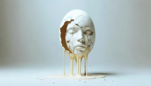 Prompt: minimalistic surreal organic 3d cracked egg liquid pouring out forming a human face on a plain white surface in wide ratio