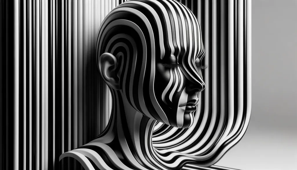 Prompt: 3D representation of a woman in a surreal environment, her face exhibiting black and white stripes, drawing inspiration from emotive distortions and the atmosphere of starkly lit still lifes.