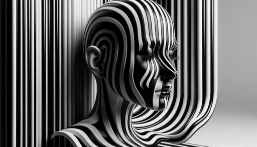 Prompt: 3D representation of a woman in a surreal environment, her face exhibiting black and white stripes, drawing inspiration from emotive distortions and the atmosphere of starkly lit still lifes.