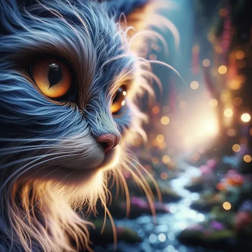 Prompt: The image is a macro photo capturing the intricate details of a mystical blue-furred feline’s face, with a focus on its luminous amber eyes. The background is softly blurred, yet hints of a fantastical environment filled with vibrant flora and glistening streams can be seen. The lighting is soft, highlighting the fine fur textures and creating a magical atmosphere.