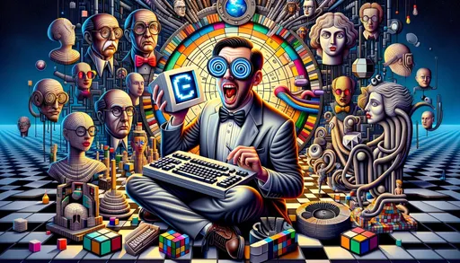Prompt: Digital art of a humorous tableau depicting a C geek in a futuristic setting, surrounded by cubist portraits and surreal cyberpunk elements, all bathed in high-resolution clarity.