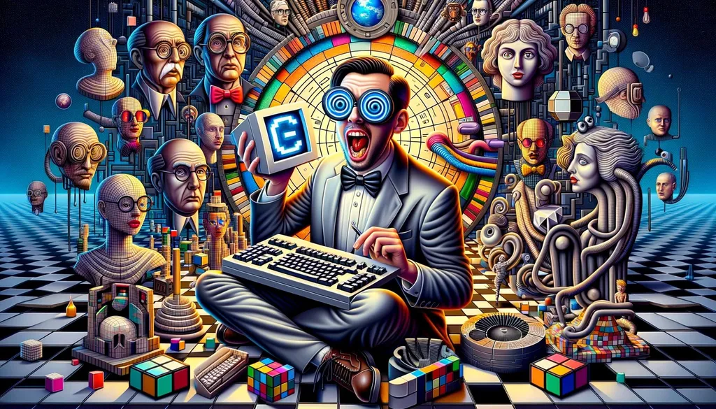 Prompt: Digital art of a humorous tableau depicting a C geek in a futuristic setting, surrounded by cubist portraits and surreal cyberpunk elements, all bathed in high-resolution clarity.