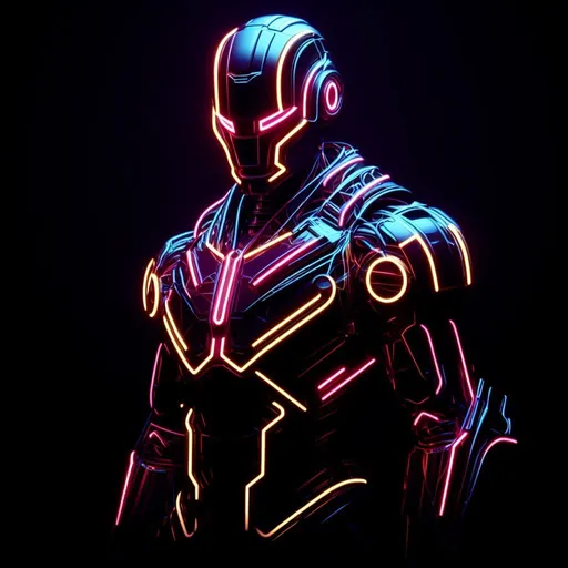 Prompt: neon lit robot, glowing in the dark, in the style of precisionist art, superheroes, fashwave, 8k, afrofuturism, iconic album covers, sleek lines