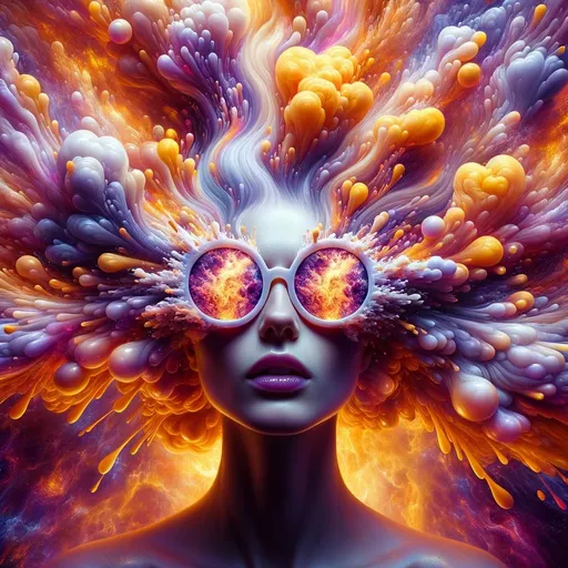 Prompt: A vibrant portrait of a woman radiates surreal energy, her large glasses reflecting an explosive, fiery pattern. Her billowing hair appears like swirling golden clouds, while abstract, flame-like patterns and cellular shapes surround her. Her skin shimmers in ethereal purple tones, contrasting the blazing environment.