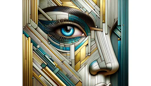 Prompt: Digital art illustrating a woman's face, with one eye prominently detailed and surrounded by shimmering metal strips. Gold and azure dominate the color scheme. The composition leans towards a mix of mechanized artistry and fragmented cubist influences.