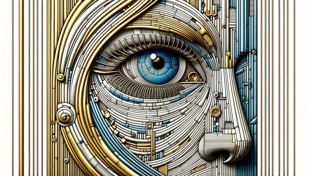 Prompt: a digital doodle of a woman and her eye surrounded by metal strips, in the style of daz3d, gold and azure, mechanized precision, detailed facial features, cubist fragmentation of form