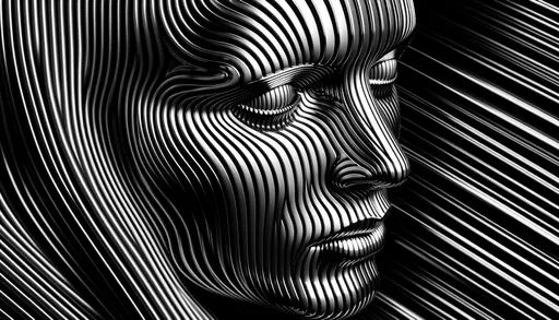 Prompt: black and white striped face, in the style of chrome reflections, quantum wavetracing, uhd image, light bronze and dark blue, multimedia installation, futurist influences, selective focu in wide ratio