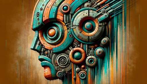 Prompt: The image showcases a mechanically intricate, robot-like head rendered in bold colors of teal, orange, and rust. Distinct features include large, concentric circular eyes, weathered textures, and protruding cylindrical parts. The background offers a stark contrast with abstract floating blue streaks on a brown canvas.