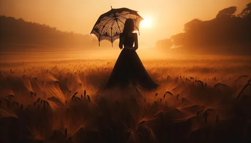 Prompt: The image depicts a silhouette of a woman standing amidst a golden field, holding a delicate lace umbrella. Her black dress flows gracefully down to the ground, contrasting with the warm backdrop. The scene exudes an air of mystery and serenity.